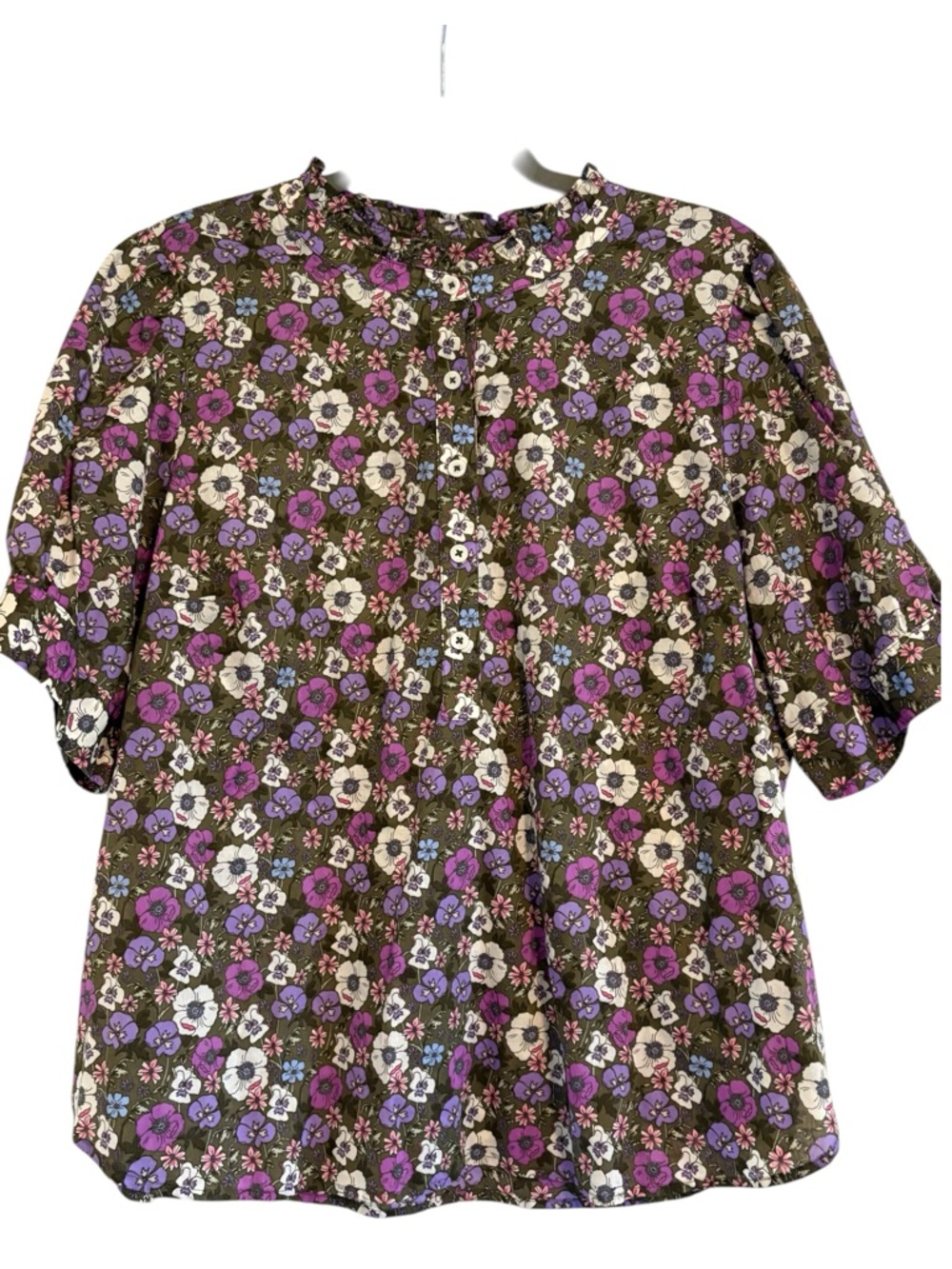 Talbots Floral Button-Front Ruffled Collar Blouse – Purple, Cream & Brown - Picture 5 of 12